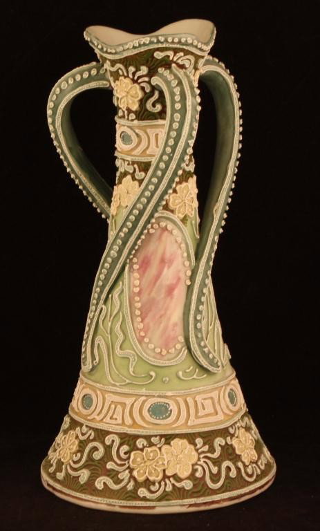 NIPPON Triple Twisted Handle Moriage Vase: 10" tall. Wonderful form. 4 red & white windows, 9 teal windows. Unmarked, ex. cond. 4-6 beads missing.