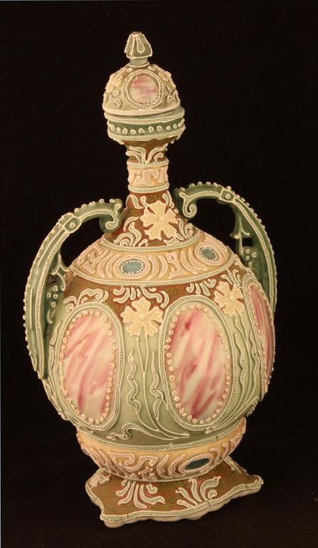 NIPPON Covered Moriage Urn: 10" tall. Six windows. Unmarked, excellent cond. One bead missing on handle. Plate 3059. Fifth series.