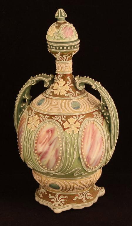 NIPPON Covered Moriage Urn: 10" tall. Six windows. Unmarked, excellent cond. One bead missing on handle. Plate 3059. Fifth series.