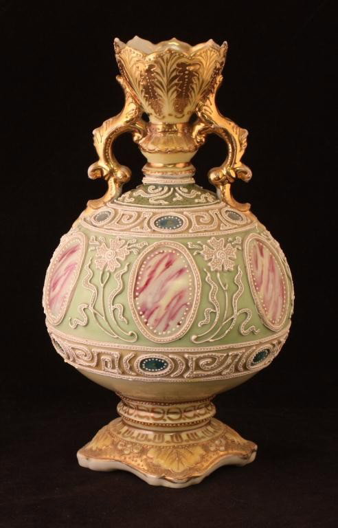 NIPPON Gold Handled Moriage Vase: 8" tall. Six windows. Gold neck, handle & base. Unmarked, ex. cond with gold loss.