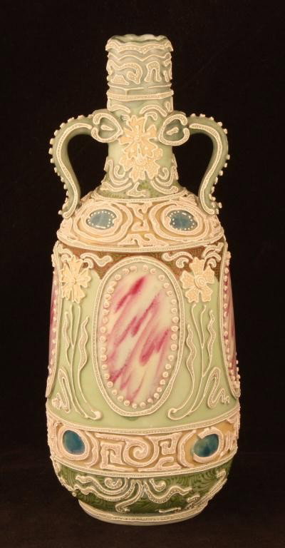 NIPPON Moriage Vase: 8.25" tall. 4 red & white windows, 8 teal windows. Unmarked, good cond. with 10 or more missing beads. Small nick on handle bottom.