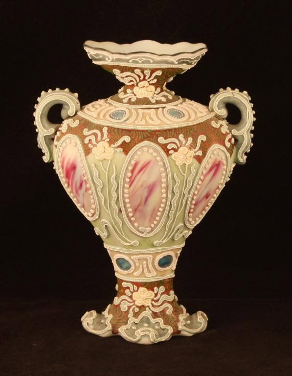 NIPPON Moraige Vase: 7.25" tall unmarked vase with 6 red & white and 4 teal windows. Excellent condition, with one bead missing on handle.
