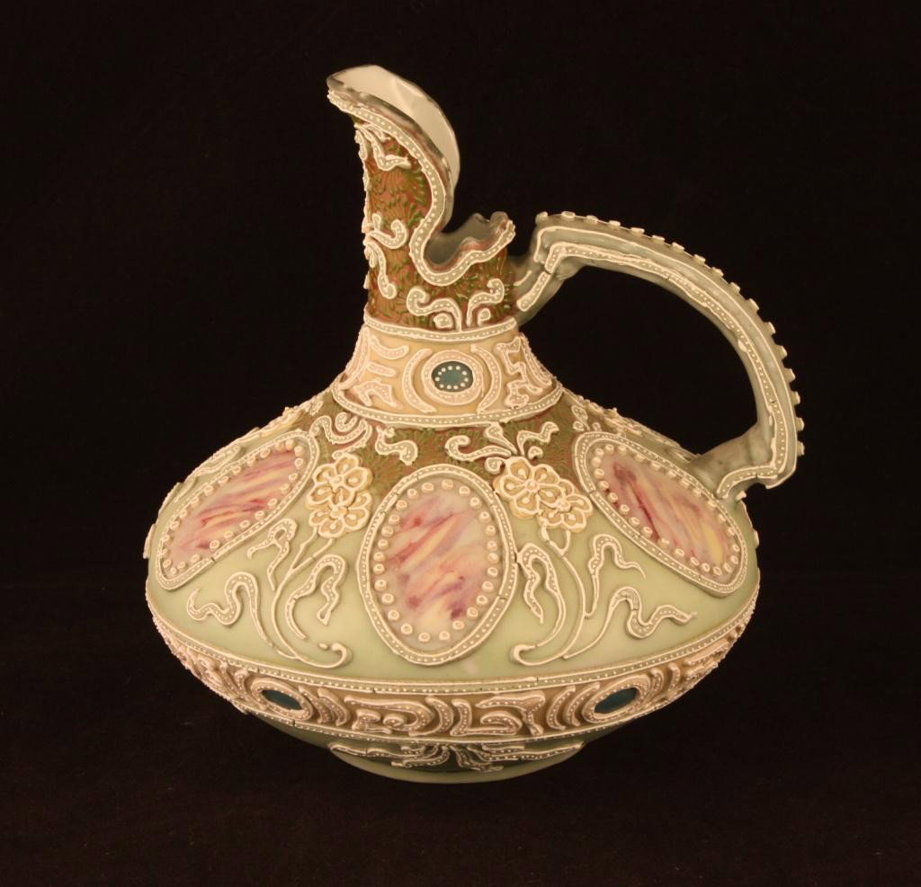 NIPPON Moriage Single-Handled Ewer: 6" tall with 5 red & white windows. Unmarked. Excellent condition