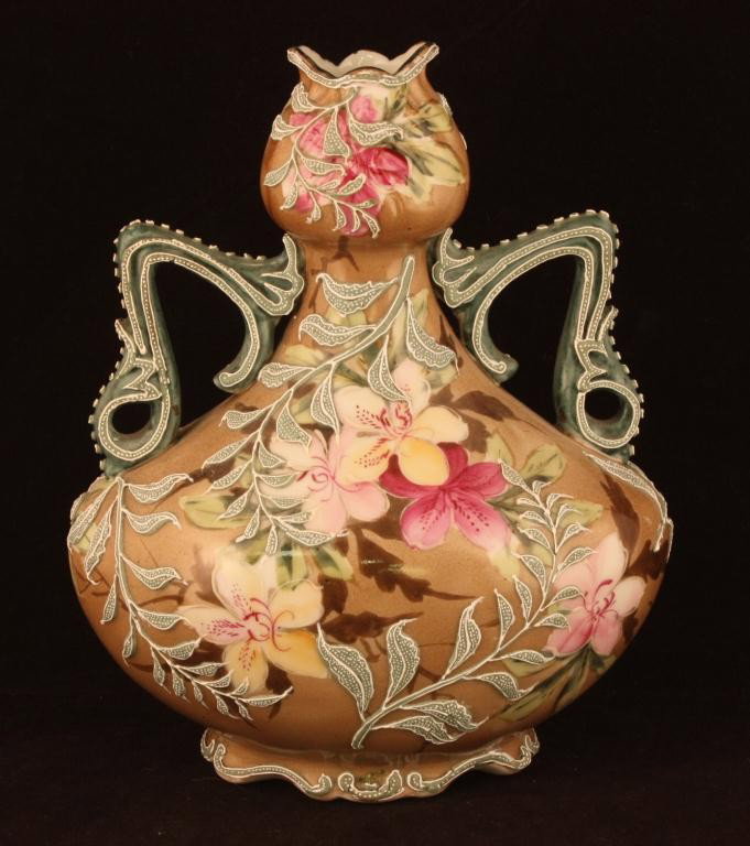 NIPPON Moriage Vase: 7.25" tall, background decorated in light brown with red & pink floral. Moriage leaves throughout. Unmarked. Excellent condition.