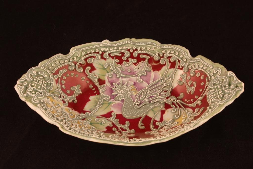NIPPON Moriage Tray: 8" long x 4 3/4" across. Moraige rooster design on burgundy background. Unmarked. Excellent condition. Two beads missing on bottom rim.