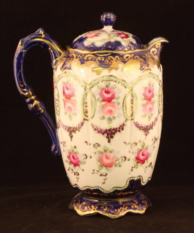 NIPPON Cobalt Hot Chocolate Pot: 10" tall with floral pattern and gold decoration. Excellent condition. Unmarked with gold loss on lid, handle & base.