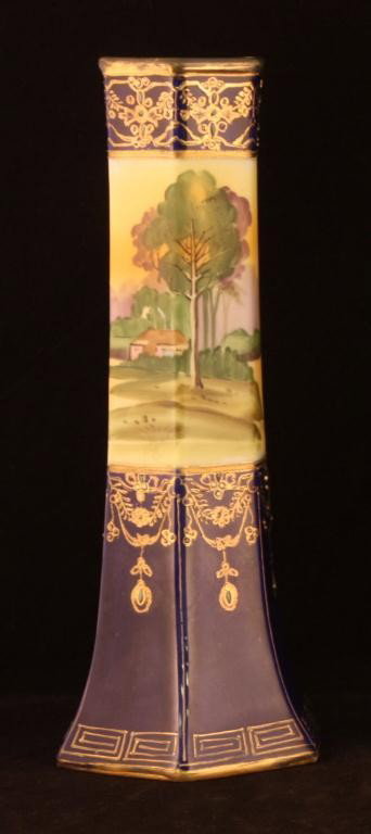NIPPON Cobalt Landscape Scene Vase: 12" tall with gold & jeweled decoration. Mark 52. Excellent condition with minor gold loss.