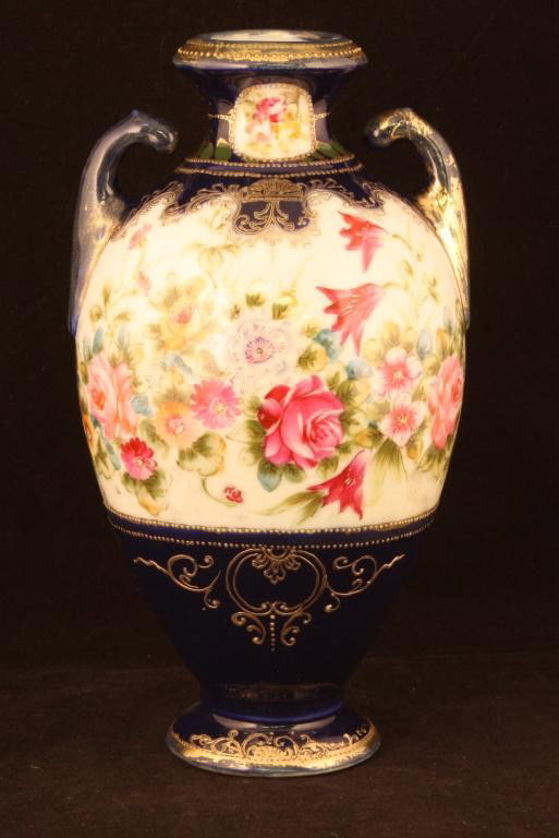 NIPPON Cobalt Floral Vase: 8.75" tall with gold decoration. Mark 114. Excellent condition with gold loss to handles rim & base.