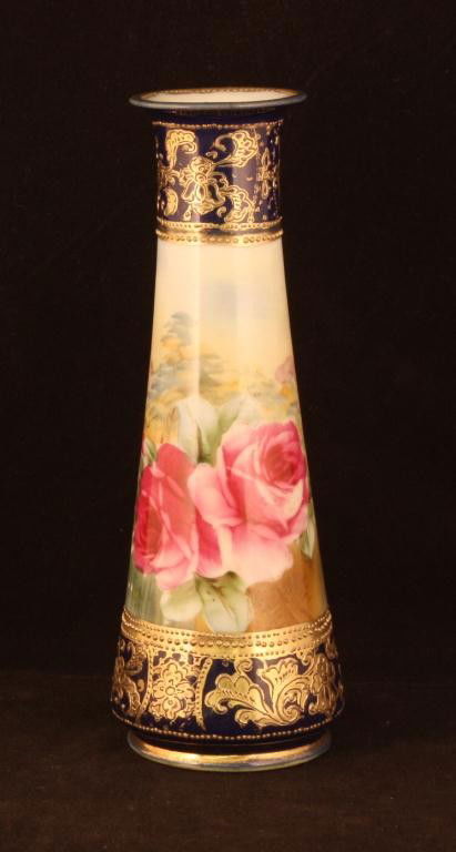 NIPPON Cobalt Vase: 7.25" tall with beautiful roses and raised gold decorations. Mark 52. Excellent condition with minor gold loss.
