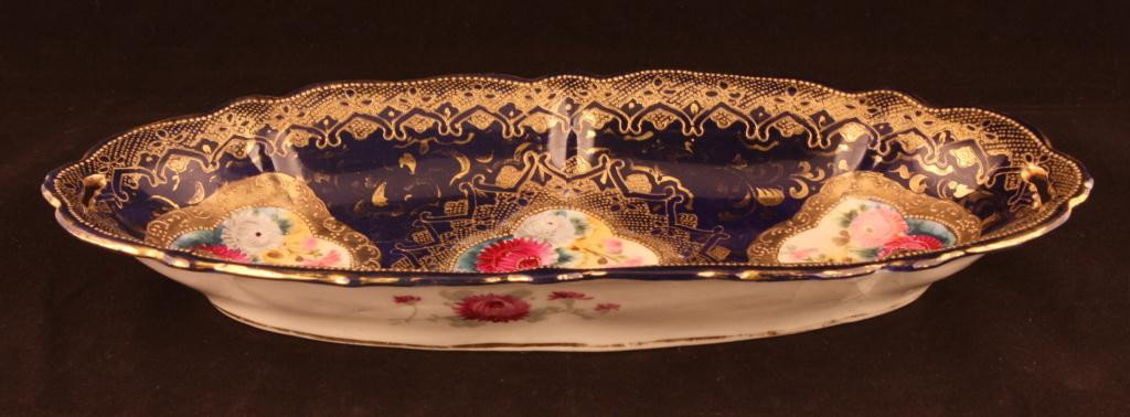 NIPPON Cobalt "Mums" Celery Dish: 12.75" long. Mark 52. Excellent condition with gold loss. Found on pg. 170 of ABCs Collecting.