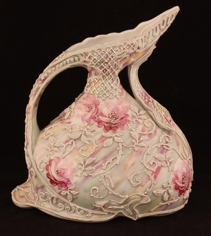 NIPPON Moriage Ewer: 7.75" tall with pink floral design. Unmarked, excellent condition.