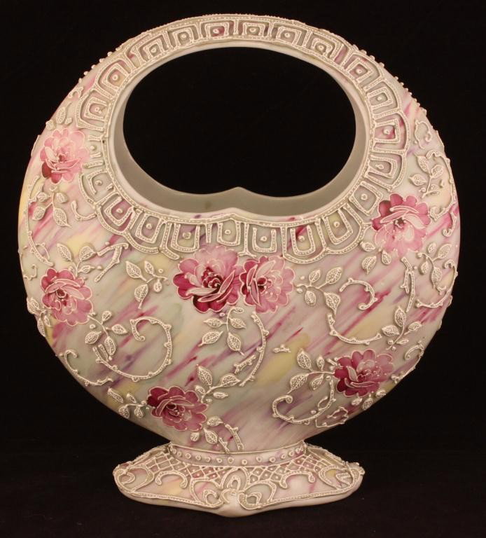 NIPPON Moriage Floral Basket: 9 tall" x 8 wide". Unmarked, excellent condition.