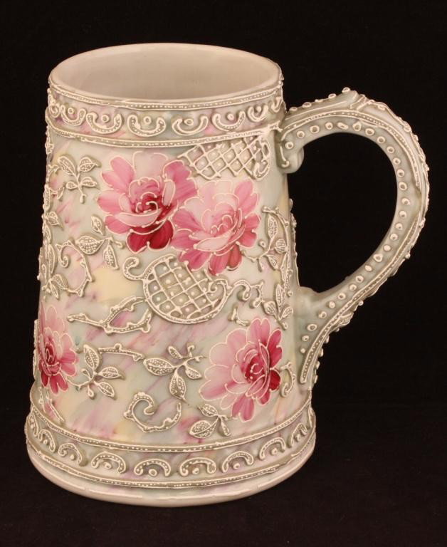 NIPPON Moriage Tankard Mug: 5.5" tall with one bead missing. Unmarked, excellent condition.