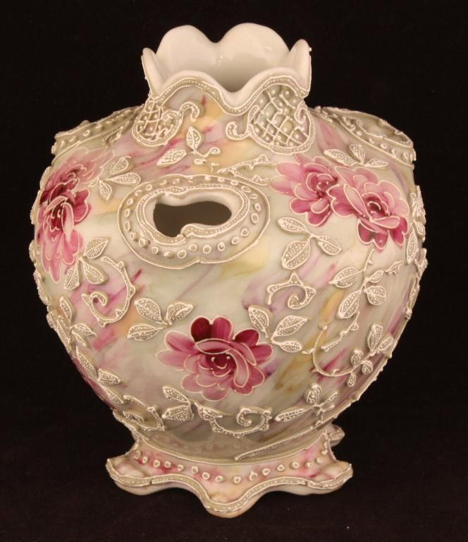 NIPPON Moriage Cut-Out Vase: 5.75" tall with unknown mark. Excellent condition.