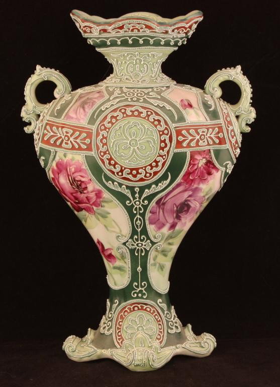NIPPON Monumental Moriage Vase: 11.5" tall with double handle and roses design. Unmarked, excellent condition.