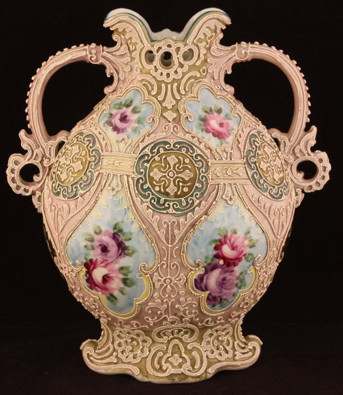 NIPPON Double Handle Floral Moriage Vase: 9.75" tall. Mark 114. Excellent cond.