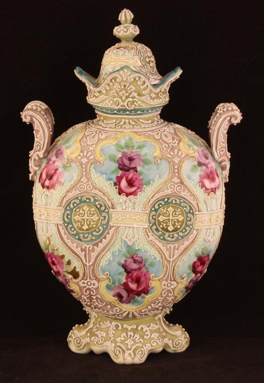 NIPPON Double Handle Covered Moriage Vase: 9.75" tall. Mark 114. Excellent condition.