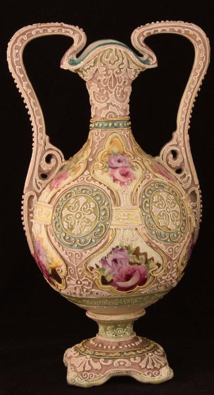 NIPPON Double Handled Bolted Moriage Urn: 11" tall. Unmarked, excellent condition.