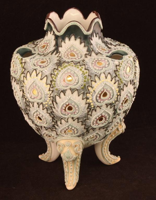 NIPPON Moriage Three Footed Vase: 7" tall with mirror windows throughout. Three cut outs on top. Mark 90. Excellent cond.