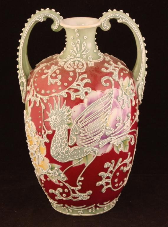 NIPPON Moriage Rooster Vase: 8.25" tall with burgundy background. Unmarked, excellent condition with one bead missing on handle.