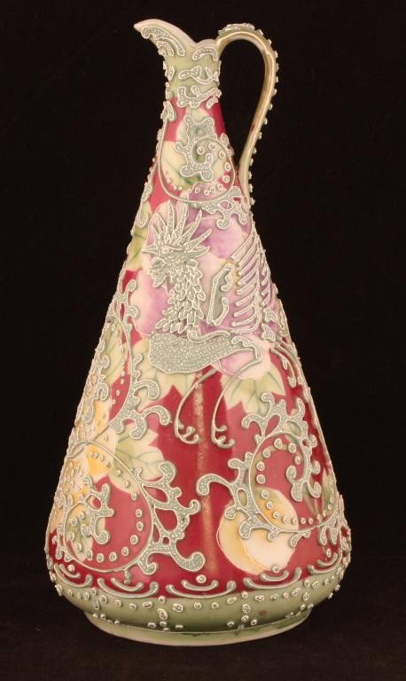 NIPPON Rooster Bottleneck Ewer: 10.5" tall with burgundy background. Unmarked, excellent condition.