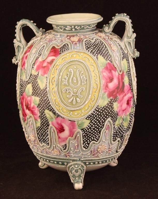 NIPPON Moriage Bulbous Three Footed Vase: 7" tall. Floral design. Mark 90. Excellent condition with 2-3 beads missing. Page 239 of ABCs Collecting.