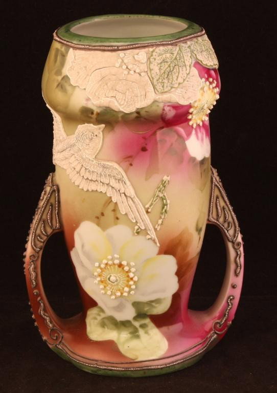 NIPPON Moriage Seagulls with Floral Vase: 6.75" tall. Mark 52. Excellent condition with one missing bead from handle.