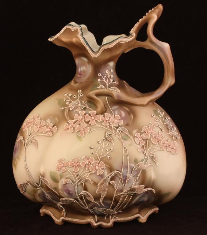 NIPPON Moriage Split Handle Ewer: 9" tall, unmarked. Excellent condition.