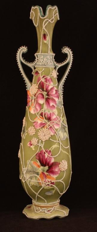 NIPPON Moriage Double Handled Botted Urn: 15". Unmarked. Excellent condition.
