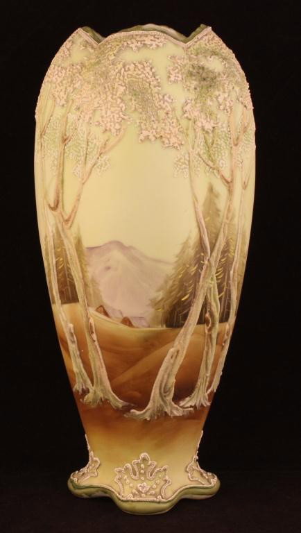 NIPPON Moriage "White Woodlawn" Vase: 10" tall. Mark 47. Excellent condition. Plate 3848 (sixth series.)