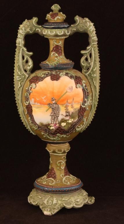NIPPON Moriage Portrait of Worker & Landscape Urn: 10.5", Botted covered urn. Excellent condition, unmarked.
