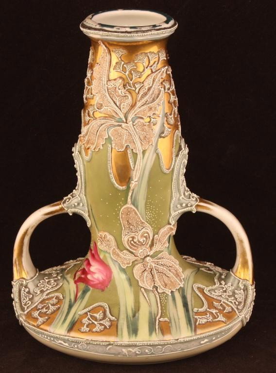 NIPPON Moriage Vase with Pink Lily & Gold: 7.5", unmarked. Excellent condition with gold loss on handles. Matte finish missing on top rim.