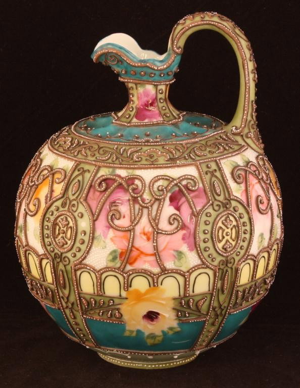 NIPPON Moriage Single Handle Jug: 8" tall with floral design. Mark 90. Excellent condition.