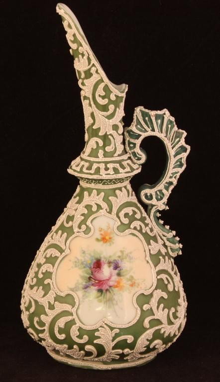 NIPPON Moriage "Floral Windows" Ewer: 9.25". Mark 16. Excellent condition.