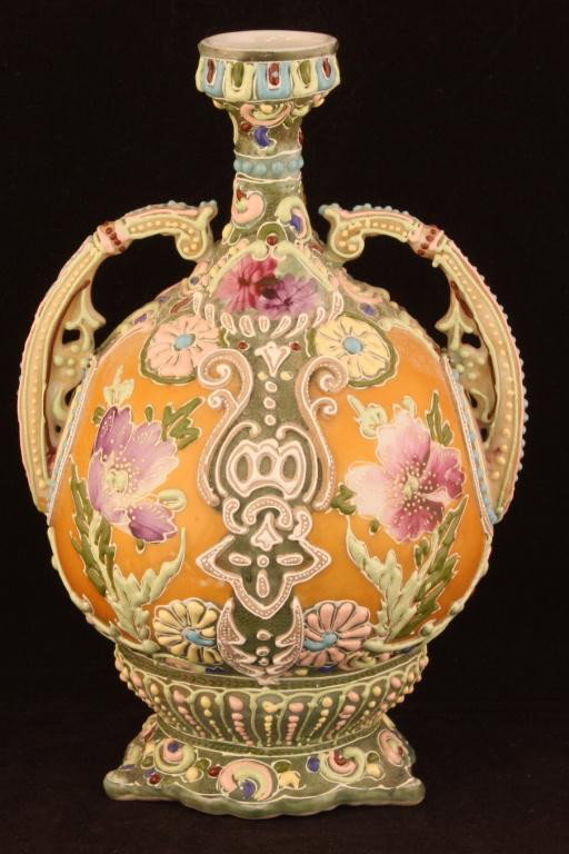 NIPPON Moriage Vase with Floral & Enamel: 8.5", unmarked. Excellent condition.