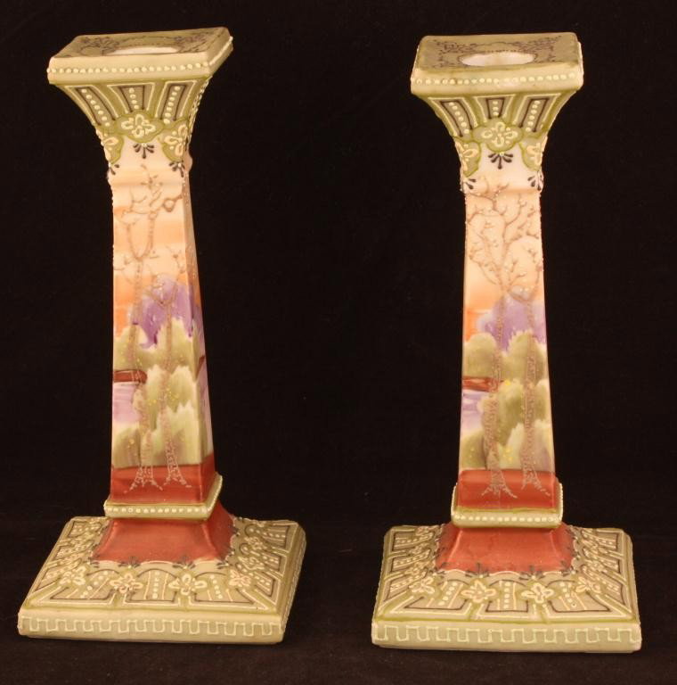 NIPPON Moriage Candlesticks: 7.5" tall with lake & trees scene. Unmarked. Excellent condition.