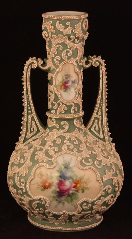 NIPPON Moriage Floral Window Vase: 9.5", unmarked. Excellent condition with a few beads missing from handle.