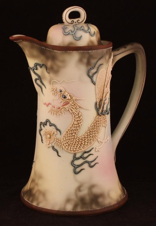 NIPPON Moriage Dragon Hot Chocolate Pot: 9.5". Traditional gray dragon design. Mark 71. Excellent condition.