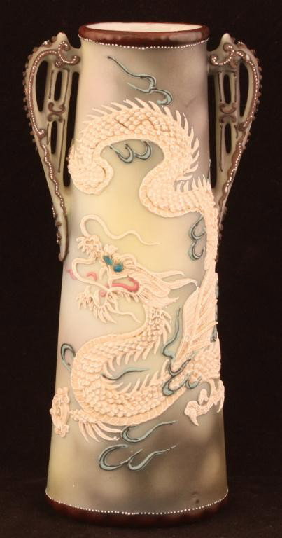 NIPPON Traditional Gray Dragon Vase: 8" tall with blue eyes & pink tongue. Mark 47. Excellent condition.
