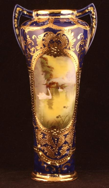 NIPPON Cobalt Vase: 8" with swans on lake medallion. Mark 52. Excellent condition.