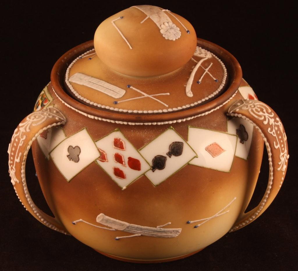 NIPPON "Playing Card" Humidor, 3 Handles: 4 1/4" tall not including top. No sponge. Moriage decoration on handles and body. Mark 52. Excellent condition. Page 256 ABC's Collecting.