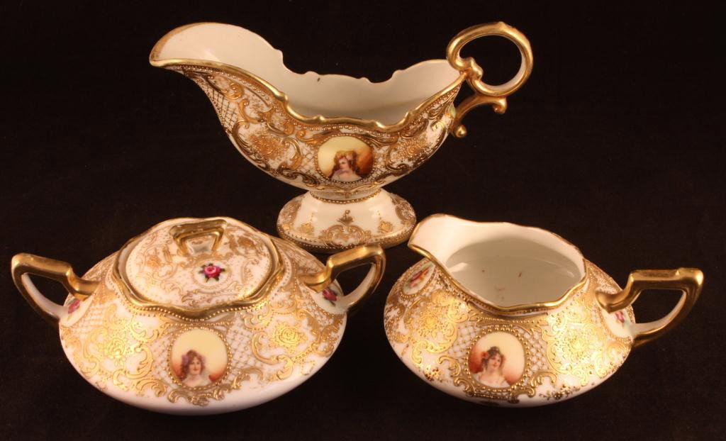 NIPPON Portrait Creamer, Sugar and Gravy Boat: With gold scroll decor. Each portrait is a different woman. Example of gravy boat plate 2984 (fifth series). Mark 52. Excellent condition with gold loss to handles.