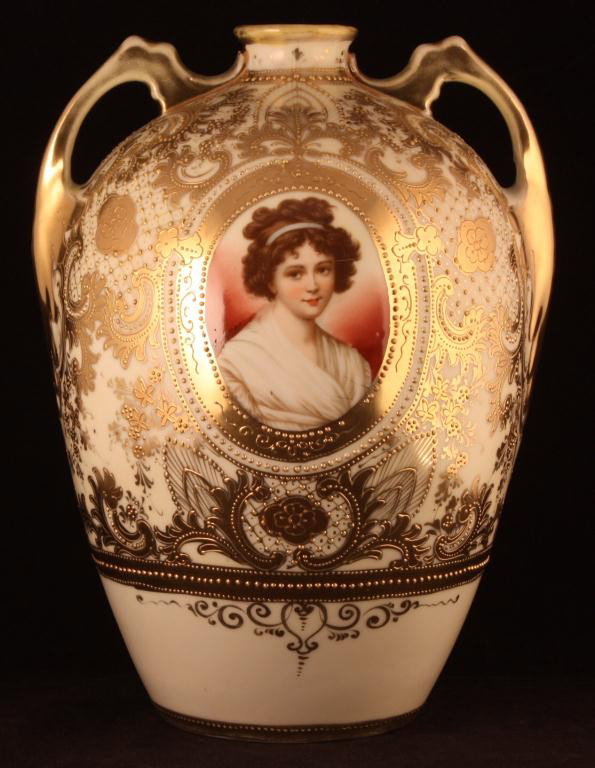 NIPPON Huge Bulbous Portrait Vase of Madame Lebrun: 10 1/2" tall. Beautiful vase in gold scroll decor. Unmarked. Excellent conditon with gold loss to top and handles.