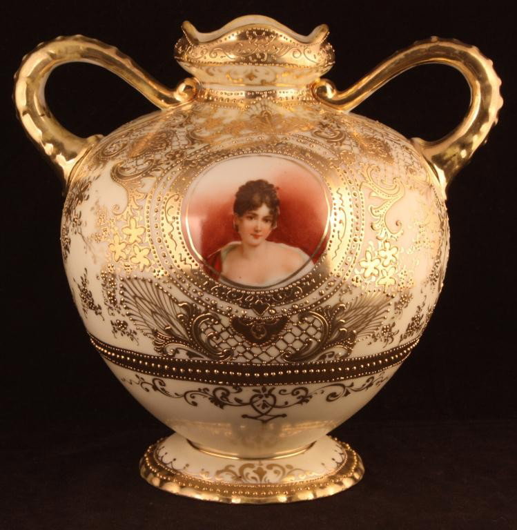 NIPPON Portrait Vase of Madame Recamier: 8" tall. Madame Recamier was exiled by Napoleon because she refused to be his mistress. Beautiful gold scroll decor. Mark 52. Excellent condition with gold loss to rim and handles.