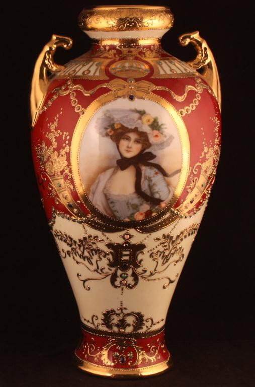 NIPPON Monumental Portrait Vase: 12 1/2" tall. On beautiful red and cream background. Gold scroll work with jeweled enameling around top of vase and body. Doesn't get any better than this! Mark 52. Near mint condition.