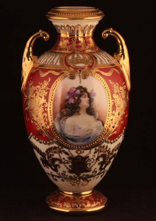 NIPPON Jewel Decor Portrait Vase: 10 1/2" tall. Portrait of beautiful woman on red and cream background. Mark 52. Near mint condition.