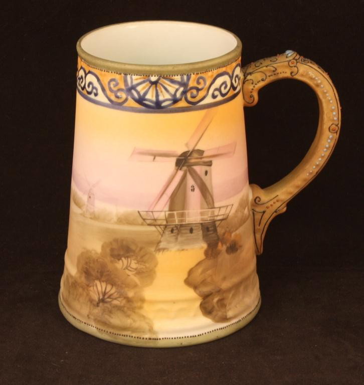 NIPPON Moriage Mug With Windmill Scene: 5 1/2" tall. Excellent condition, Mark 47.
