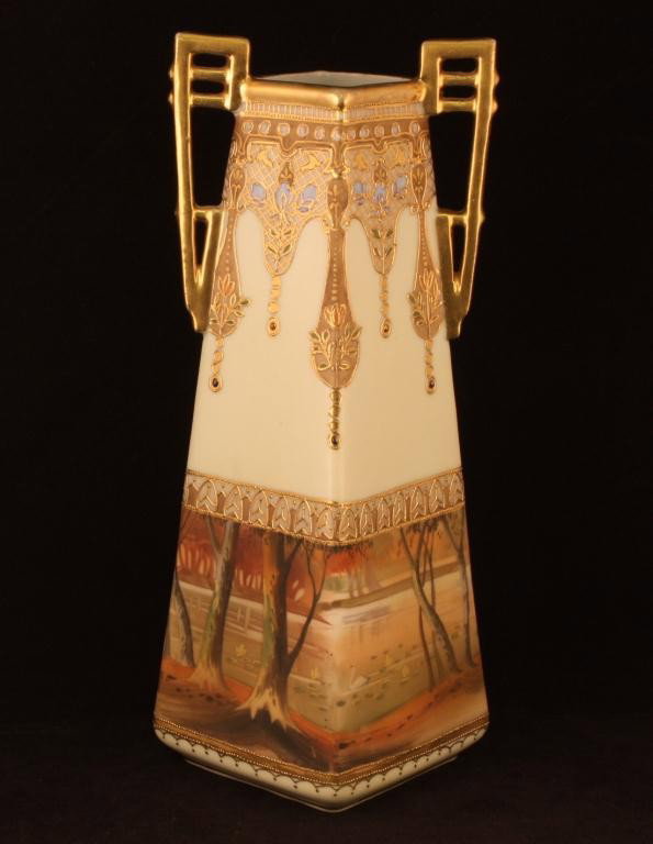 NIPPON Vase with Matching Pair of Candlesticks: 10 3/4" tall. Landscape Scene, Enamel Decorations, Excellent condition with gold loss to handles and collars, Mark 47.