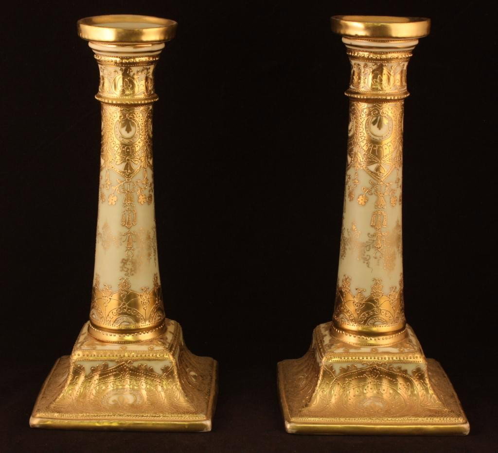 NIPPON Pair of Matching Candlesticks: 10 1/2" tall. Gold Scroll on Cream background, Excellent condition with minor gold loss on corners. Mark 52