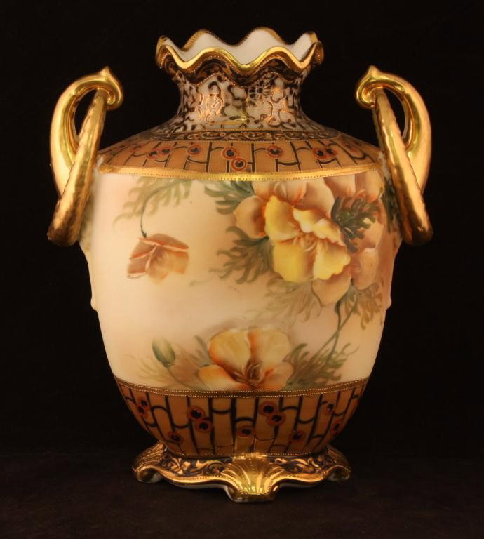 NIPPON Double Loop Vase: 9 1/2" tall. Yellow Floral on light brown Matted background. Excellent condition, Mark 47